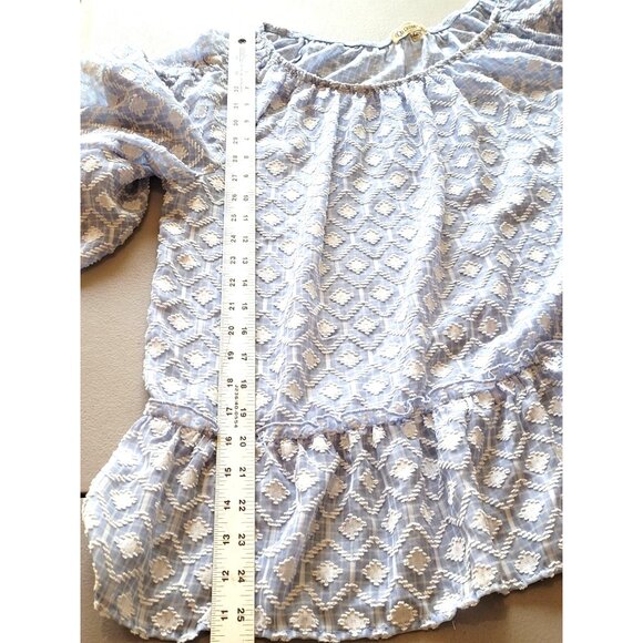 Democracy Blouse Womens XL Blue Patterned Textured Gathered Sleeve Ruffle Blue W - Picture 5 of 11